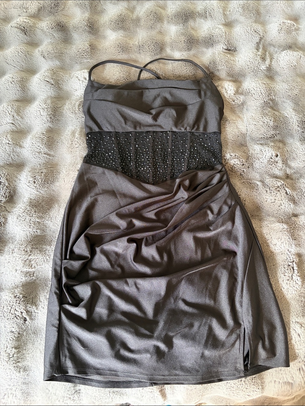 B Darlin Black Sequin Ruched Mini Dress with Spaghetti Straps